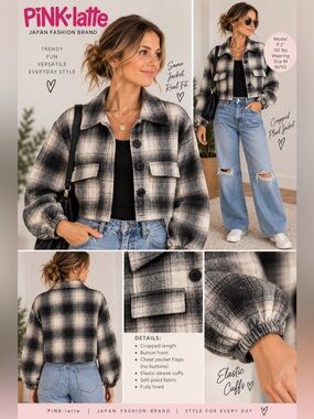 Pink Latte Cropped Plaid Jacket in Black & White size 8/10